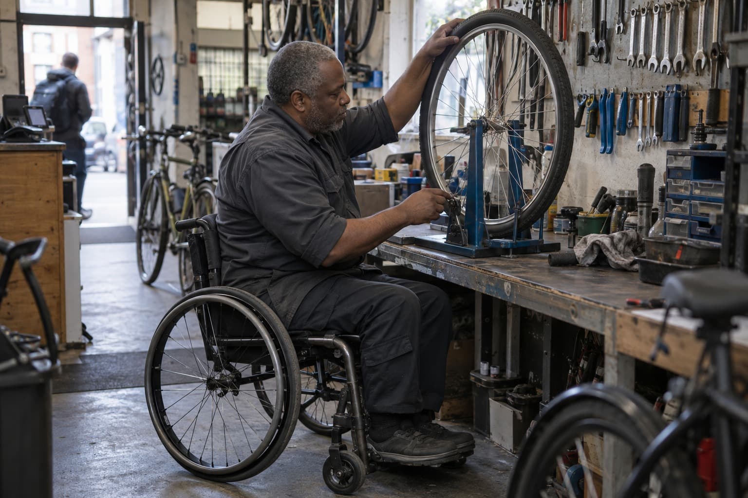 A mechanic in a wheelchair trues a bicycle wheel in a truing stand at his workbench, tools racked on the wall behind him.