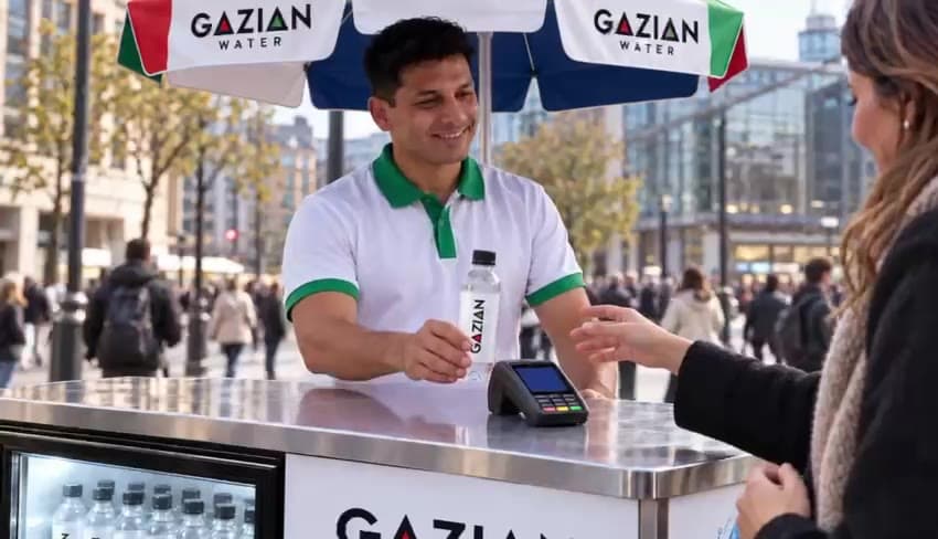 A trader hands a bottle to a customer across a mobile retail cart in a busy city square, a card reader on the counter.