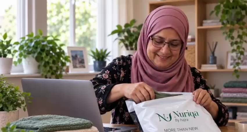 A woman in a headscarf smiles as she packs a folded garment into a Nuriqa mailing bag at a table at home, a laptop beside her.