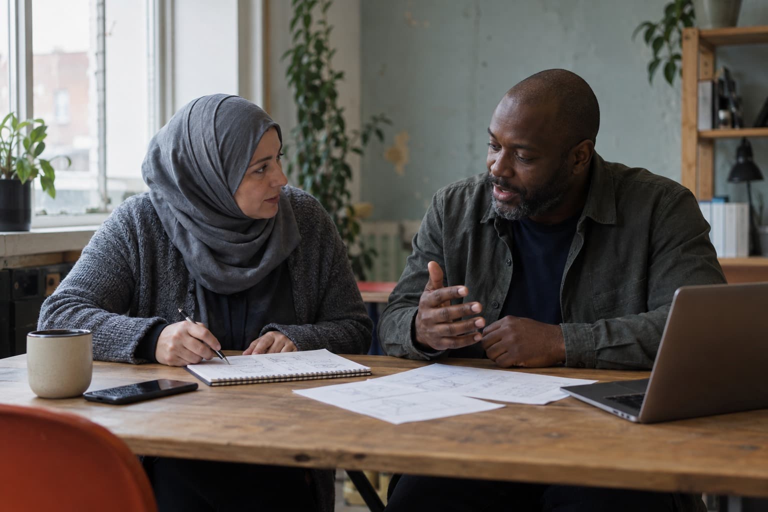 Two colleagues talk over a shared plan, a notebook and a laptop at a wide table.