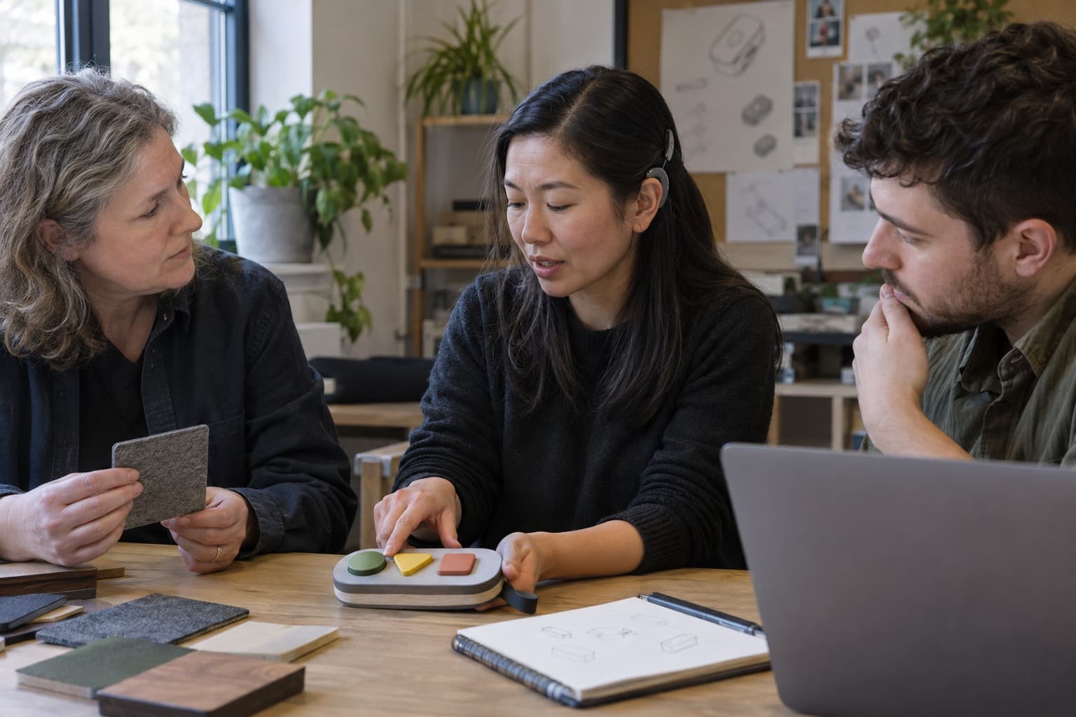 Three colleagues examine a tactile handheld device and material samples across a studio table, mid-discussion.