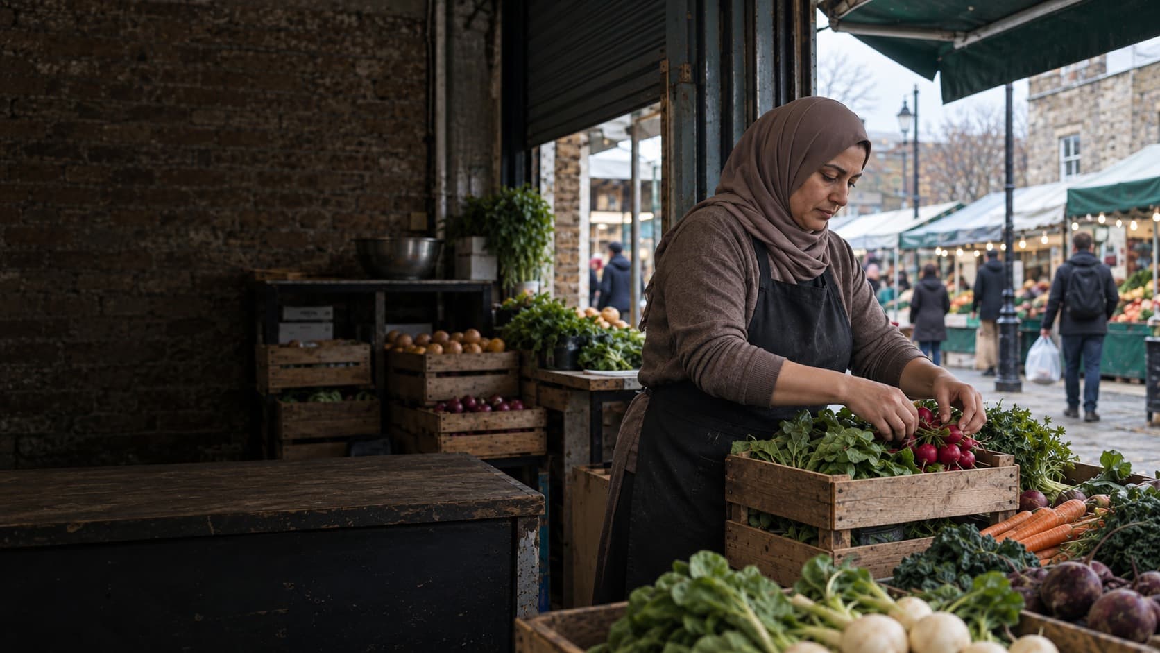 A trader in a hijab sorts radishes into crates at a covered market stall stocked with vegetables.