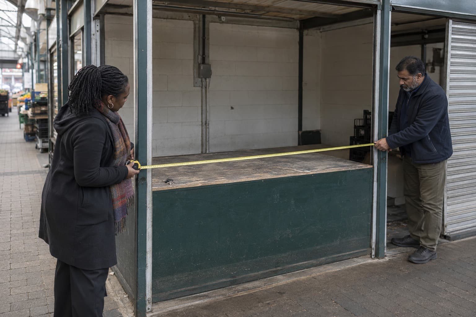 Two people measure the width of an empty market unit with a tape measure.