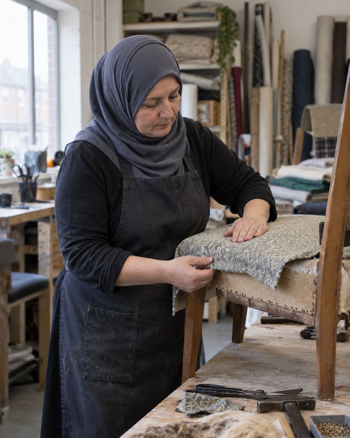 An upholsterer smooths fabric over a chair frame at her workbench in a fabric studio.